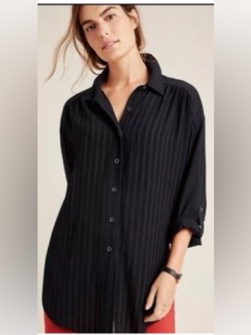 Anthropologie Black Textured Vertical-Stripe Button-Down Shirt